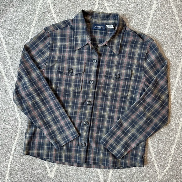 Liz Claiborne LizSport Gray Vintage Boxy Plaid Stretch Button Down Shirt - Picture 1 of 4